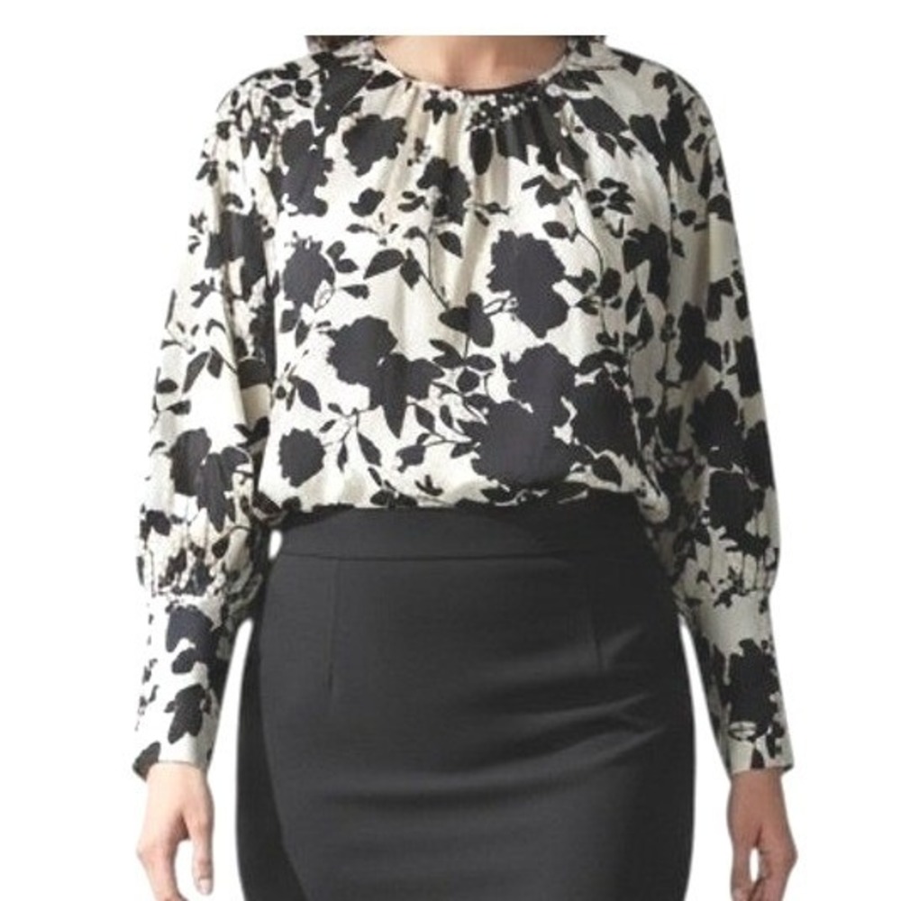 Who What Wear Floral Blouse M Black‎ White Balloon Long Sleeve Chic Top Romantic